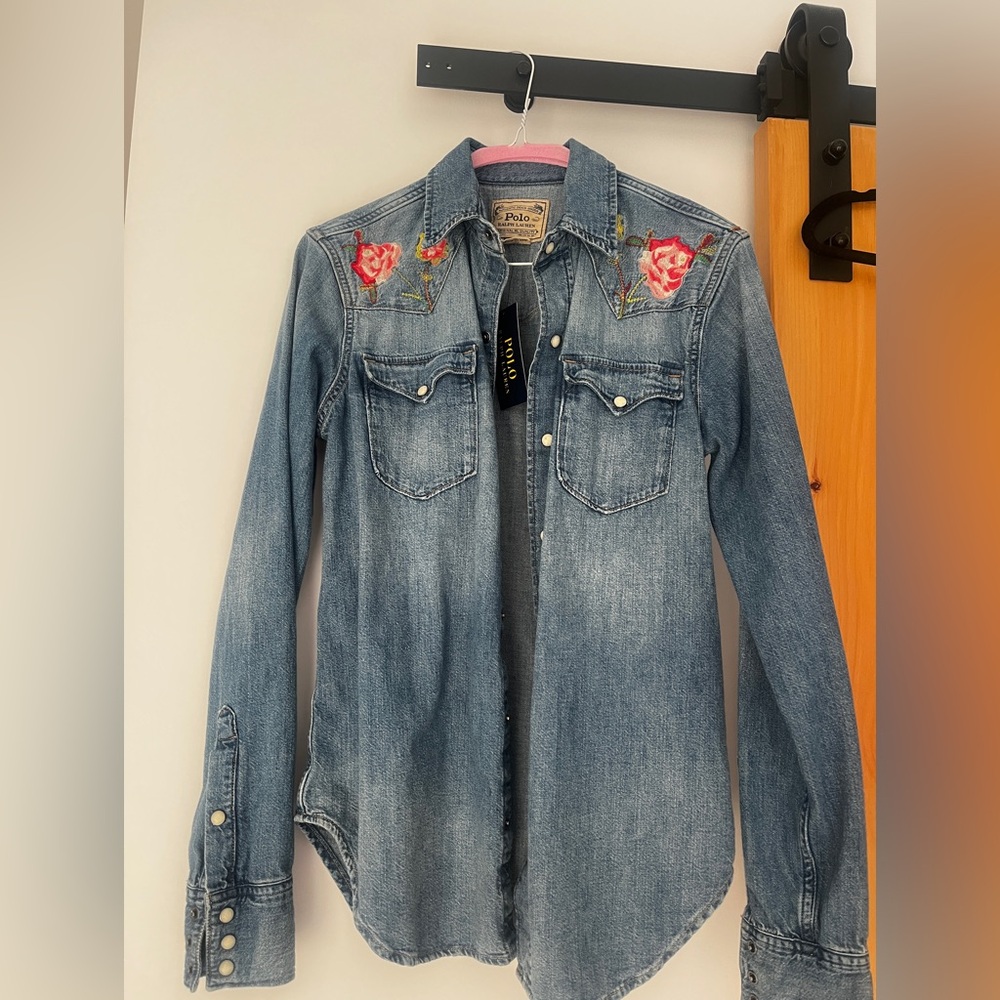 Ralph Lauren Blue Denim Button Down Shirt with Red Floral Embroidery